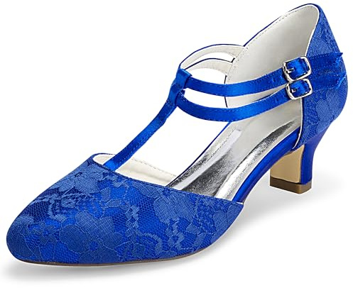 JIAJIA 00968 Women's Bridal Shoes Closed Toe T-Strap Block Low Heel Lace Satin Pumps Wedding Shoes Colour Blue,Size 5.5 UK/39 EU