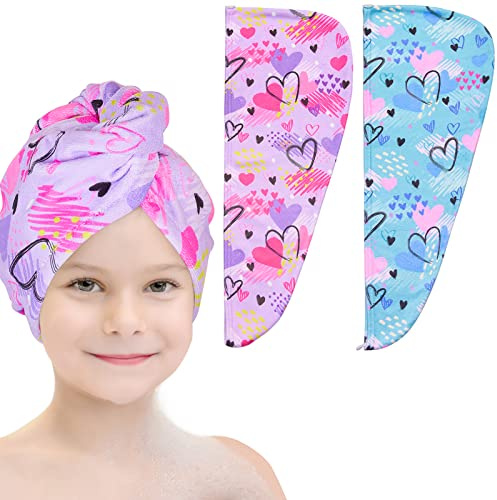 Basumee Microfiber Hair Towel Wrap for Kids 2 Pack Rapid Drying Hair Towel with Button Hair Turbans for Wet Hair Wraps Head Towel Wrap for Women and Girls, Blue and Purple Love