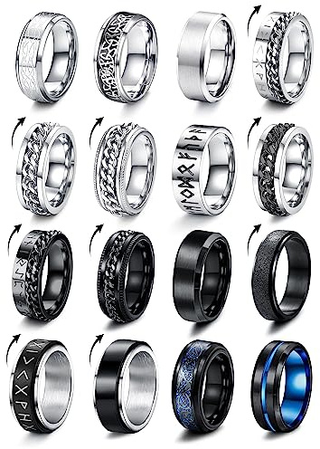 Milacolato 16 PCS Bague Homme Acier Inoxydable Noir Tournante Chaîne Rock Bague Vintage Gothique Anneaux en Fiber de Carbone Bagues Dragon Celtique Bleu Mariage Promise Bande Anneau Taille 52-70