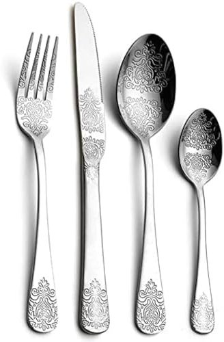 Tafelbesteck, Vintage-Muster, Silberbesteck, 24-teilig, Vergoldetes Besteck Aus 18/10-Edelstahl, Besteckset Für 6 Personen, Wiederverwendbares Tafelservice,24 Stück Silbrig,Picturesque234