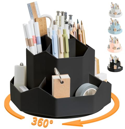 Portalápices para escritorio, organizador de escritorio giratorio de 360 grados, 9 ranuras, organizador de suministros de papelería, bonito recipiente para lápices para oficina, escuela, hogar (negro)