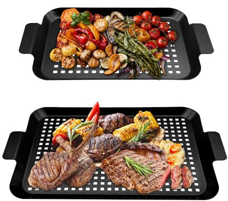 PAXLINSEN Lot de 2 poêles à griller – Panier de barbecue en acier robuste pour barbecue extérieur, grille anti-adhésive avec trous et poignées, plaque de barbecue et accessoires de barbecue pour