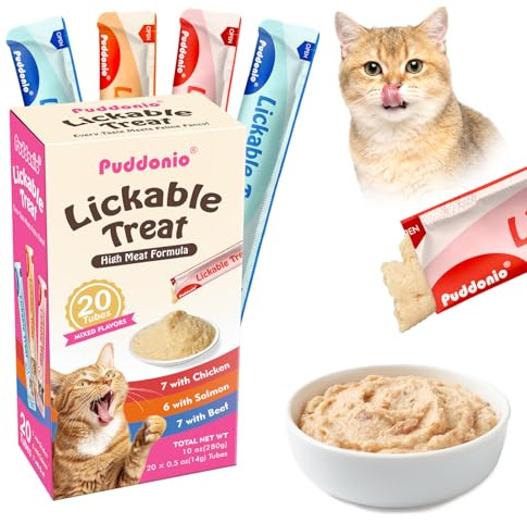 Puddonio Lickable Cat Treats, High-Meat Puree, Grain & Gum Free, High Protein, No Additives, 0.5oz Tubes (Pack of 20)