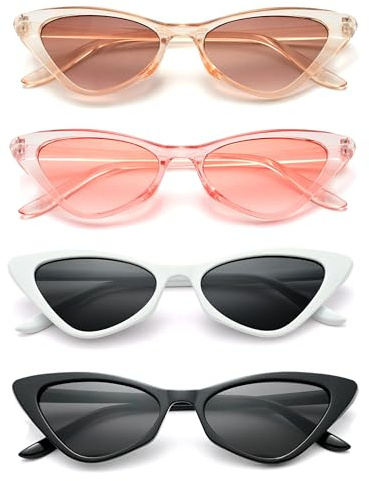 Unning 4 Pack Small Retro Cat Eye Sunglasses Vintage Narrow Sunglasses Set Skinny Party Glasses for Women