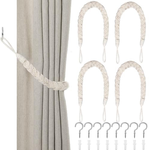 4 Stück Vorhang Raffhalter, Baumwolle Raffhalter für Vorhänge, Curtain Holder, Gardinenhalter Wand für Wohnzimmer Schlafzimmer Büro (Beige)