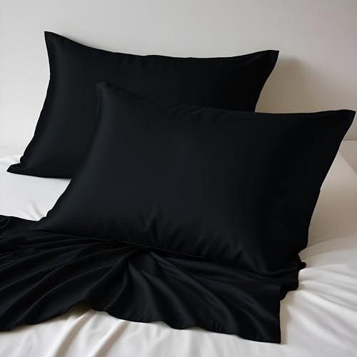 LINENWALAS 100 % bambuörngott 2-pack 50 x 75 cm storlek, mjukt och kylande svart silkesörngott, allergivänligt, extra djup innerflik och kuvertstängning (50 x 75 cm, kolsvart)