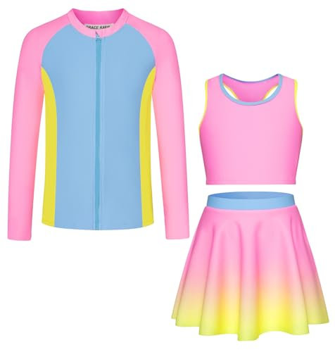 GRACE KARIN Mädchen Sommer Strand Bademode Langarm Rash Guard Sets Schnelltrocknend Dehnbar Badeanzug Rosa 7-8 Jahre