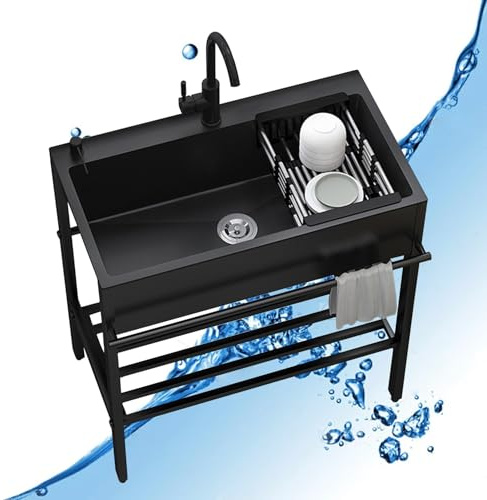 Lavandino da Esterno in Acciaio Inox,Lavello Cucina 1 Vasca Professionale,Lavabo di Utilità Autoportante,Mobile Lavatoio Commerciale con Rubinetto,per Bar Garage Ristorante Lavanderia Giardino(55*45*8