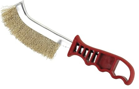 Spazzola in acciaio ottonato con manico in plastica, ideale per pulire e sbavare superfici metalliche o rimuovere la ruggine.