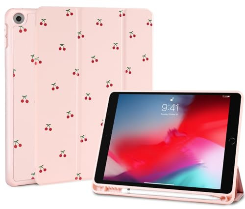 Fycyko Compatible with iPad 10.2 Inch Case, iPad 9th/8th/7th Generation 2021/2020/2019 Pink Coquette Cherry Design with Pencil Holder Shockproof Flexible TPU Protective Cover for iPad 10.2 Inch