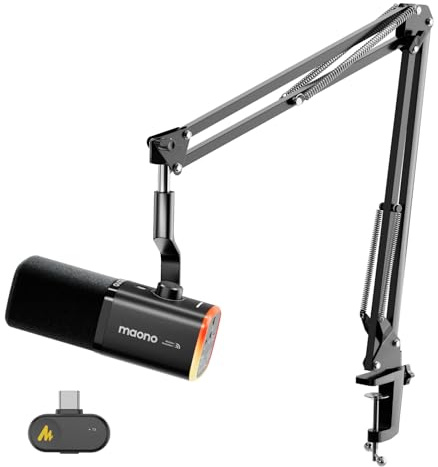 MAONO PD100WS Wireless Gaming Mic, 2.4GHz Wireless & USB Dynamic PC Microphone with Boom Arm, 3 Level Noise Cancelling, Custom RGB, Mute Button, Software EQ, for Streaming, Podcast, Recording, Black