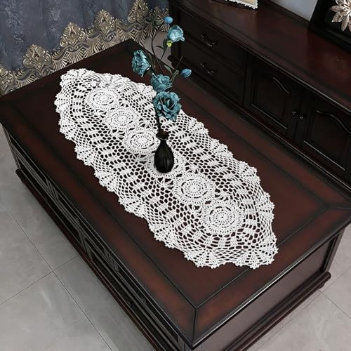 URROMA Mantel de encaje de ganchillo, 30 x 90 cm, mantel blanco con ribete de encaje hueco, mantel lavable y antideslizante para comedor y cocina