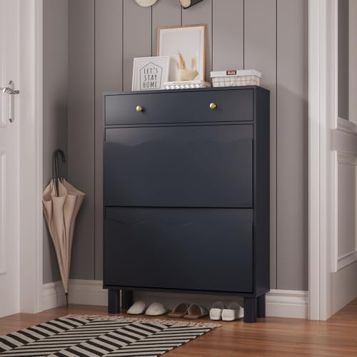 KEEPREAPER Blue Shoe Cabinet Storage for Entryway Hallway, Freestanding Shoe Cabinet Organizer with 2 Flip & 1 Pull-Out Drawers, 4 Soild Wood Legs, Modern Shoe Rack Cabinet for Front Door Entrance