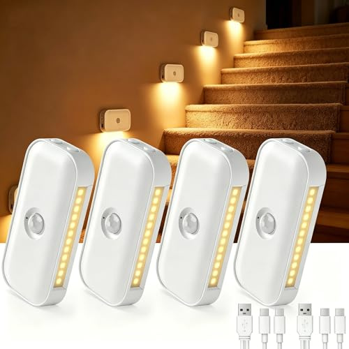 Luce Notturna con Sensore di Moviment, 4 Pezzi Ricaricabile Luci notturne Auto/Off/Night Modalità, Luminosità Regolabili, 2700K Bianco Caldo Luce Bambini per Scale Corridoio Camera da Letto Soggiorno