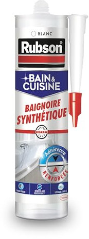 Rubson Mastic Bain & Cuisine Baignoire synthétique, Mastic sanitaire pour matériaux synthétiques, Joint d’étanchéité anti-moisissures à adhérence renforcée, blanc, 280 ml