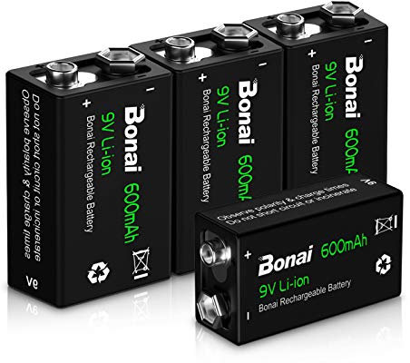BONAI Pila 9V Recargable 600mAh Litio Pilas 4 Piezas Precargada Baja Autodescarga 1200 Ciclos Larga Duración para Micrófonos, Alarma de Humos, Juguetes electrónicos, Walkie Talkie