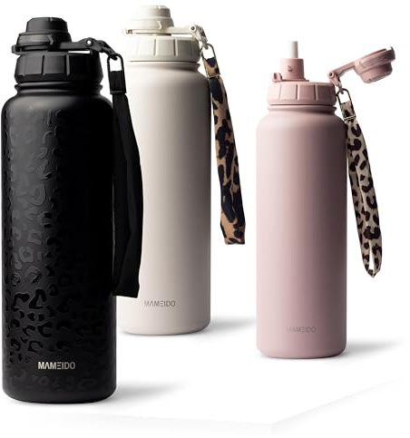 MAMEIDO Thermosflasche mit Strohhalm 1,2 l, auslaufsichere Trinkflasche Edelstahl isoliert, Wasserflasche BPA-frei mit Trageschlaufe, Water Bottle Sport (Femme Fatale)