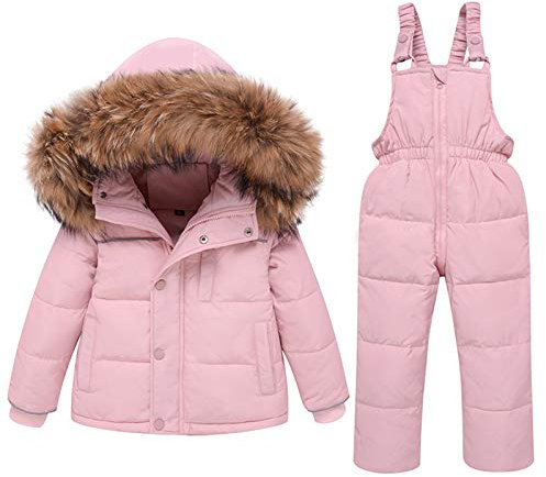 amropi Skianzug Mädchen Kinder Schneeanzug Daunenjacke mit Kaputze + Skihose 2tlg Bekleidungsset Winteranzug Rosa,5-6 Jahre