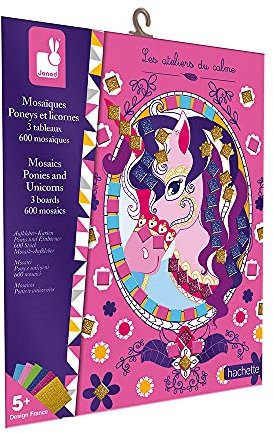 Janod - Caja de Mosaicos de Espuma de Ponis y Unicornios - Kit de Ocio Creativo para Niños - Habilidades Motoras Finas y Aprendizaje de Concentración - A partir de 5 Años, J07957