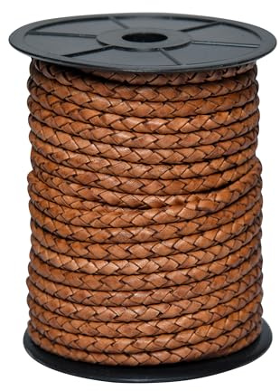 Cords Essentials Round Braided Genuine Leather String Bolo Cord, Rope for Jewelry Making, Necklaces, Bracelets, Wraps, Crafts and Hobby Projects (Distressed Saddle, 5 MM 5.46 Yards = 5 MTR Spool)