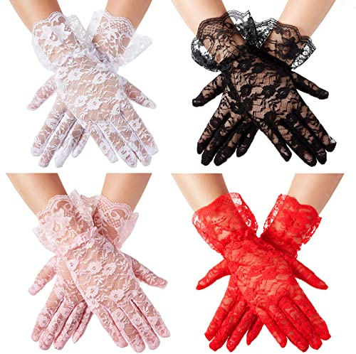 Geyoga 4 Pair Tea Party Lace Gloves for Women Ladies Wedding Elegant Short Vintage Wedding Wrist(Flower Style)