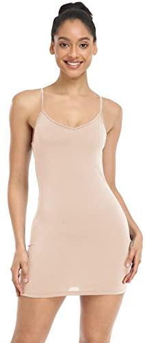 Qaffier Women's Basic Adjustable Spaghetti Strap Cami Slip Mini Dress Nude Small