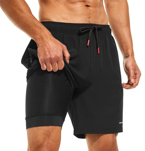HODOSPORTS Mens Swimsuit Trunks 7 Quick-Dry Swim Shorts with Compression Liner and Zipper Pockets (Large,Black)