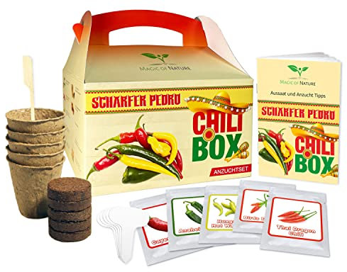 Magic of Nature Scharfer Pedro - Chili Samen Anzuchtset - 5 beliebte Chili Sorten zum Selberzüchten oder zum Verschenken