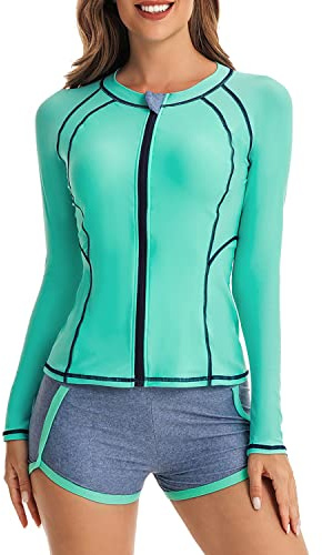 QTUN Surfanzug Damen Zweiteilig Badeanzug Rash Guard UV Schutz Langarm Badeshirt mit Badeshorts Sportlich Bademode Strandkleidung