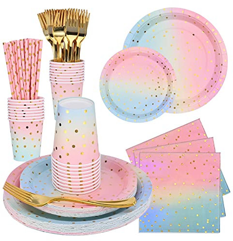 Revivoer Partygeschirr Partyzubehör Pappteller Set, 150 Stück Papier Geschirr Set Einschließlich Tischdecke Teller Becher Servietten zum Geburtstag, Hochzeiten (25 Gäste)
