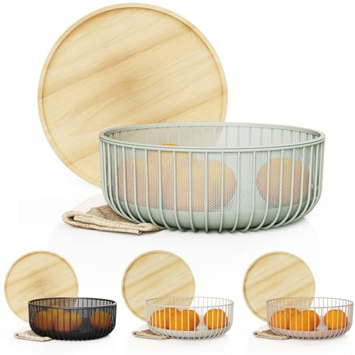 LIBKEN Metal Wire Mesh Fruit Baskets with Wooden Lid - Fly-Proof Indoor Solution for Fresh Fruits - Covered Fruit Bowl - Produce Cover Against Flies for Banana, Tomato and Vegetables - Green
