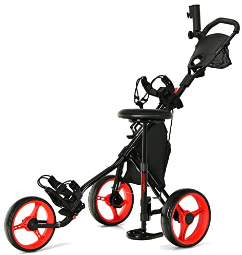 GYMAX Chariot de Golf 2 en 1 Pliable, Charoit avec Hauteurs Réglables, Siège Amovible, Sac de Rangement, Porte-Parapluie, pour Rangement de Balles, Se Reposer