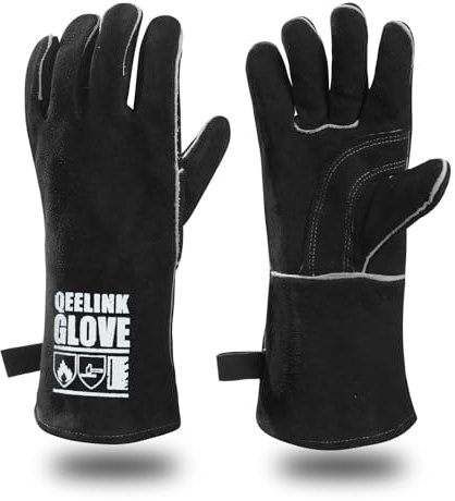 QeeLink Welding Gloves - Heat & Wear Resistant Lined Leather and Fireproof Stitching - For Welders/Fireplace/BBQ/Gardening (Black, Standard (14-Inch))