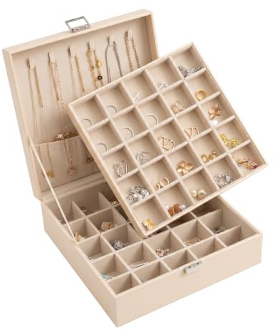 Frebeauty Earring Organizer Classic Jewelry Box 50 Slots Double Layer Jewelry Storage Case with 6 Necklace Hook and Bracelet Pocket(Beige)