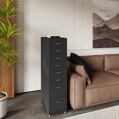 [en.casa] Rollcontainer Kökar Schubladenschrank Metall Aktenschrank mit 8 Schubladen Bürowagen mit Rollen für Arbeitszimmer 109 x 28 x 41 cm Schwarz