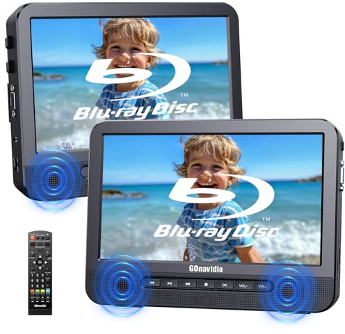 GOnavidio Blu Ray DVD Player Auto 2 Bildschirme 10,5 Mit 5 Stunden Akku HDMI-Ausgang, tragbarer Bluray DVD Player Auto Fernseher, Surround-Sound Effekt Mit AV IN- und AV Out-Funktion
