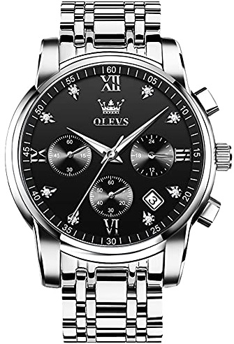 OLEVS Relojes para Hombre Reloj Analógico de Cuarzo de AceroInoxidable Diamantes Esfera Negro Multifuncionales Relojes de Hombre Clásico Vestido de Lujo Reloj de Hombres Correa Plateada