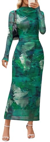 MEROKEETY Women's Spring Wedding Guest Dress 2026 Long Sleeve Bodycon Floral Mesh Fall Cocktail Holiday Party Maxi Dresses, Green, L