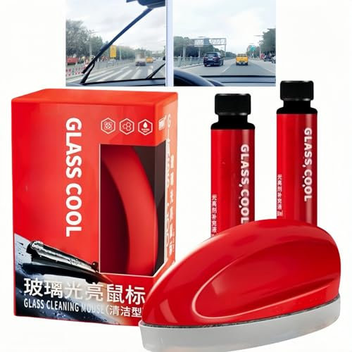 Powerful Windshield Cleaner&Oil Film Remover,2 in 1Car Glass Polish Mouse Cleaning Tool with Oil Film Cleaner,Windshield Cleaner,Auto Interior Exterior Glass Wiper Cleaning Kit(1pc+2pcs Refills)