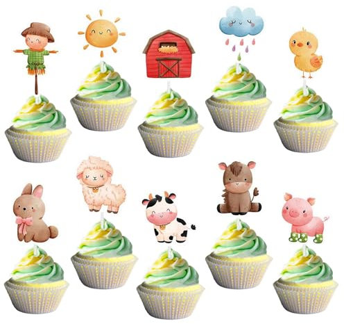 Silars Tortendeko Tiere Bauernhof, 20 Stücke Farm Animal Cupcake Topper Geburtstagstorte Deko Bauernhof, Tortenaufleger Schäfchen Schweinchen Huhn Kuh für Kindergeburtstag, Babyparty, Geburtstag