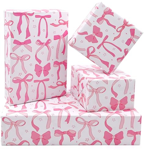 Pink Wrapping Paper, Girls Birthday Wrapping Paper Designed with Pretty Pink Bow, 100% Recyclable ECO Gift Wrap for Girls Birthday,Party and Baby Shower（5 sheets）