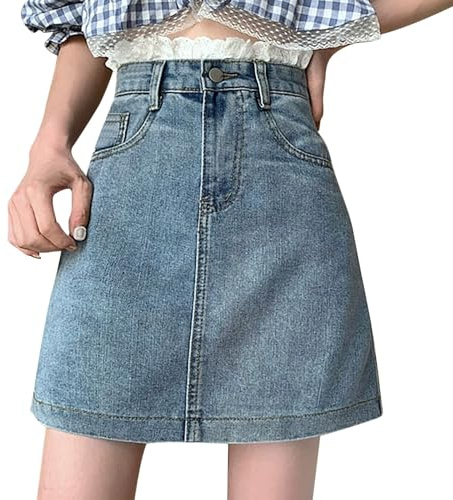 Jupe en jean pour femme - Taille haute - Culotte asymétrique - Mode décontractée - Avec pantalon court - Ligne A - Bouton - Pantalon élégant, bleu, XL