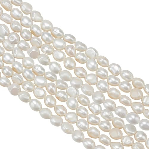 WEBEEDY 2 fili di perle naturali da 5-6 mm, perle d'acqua dolce naturali per la creazione di gioielli, perline ovali bianche sfuse con fori per fai da te, collane, orecchini, adulti, accessori fai da