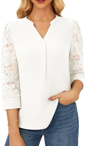 GRACE KARIN Camicetta da donna elegante a maniche 3/4 in pizzo a maniche lunghe Henley con scollo a V top camicetta, bianco, S