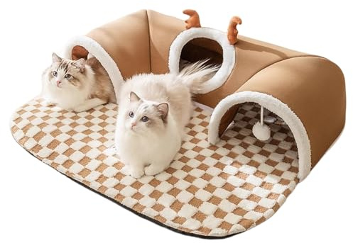 Katzentunnel mit Schlafplatz, Katzenbett mit Tunnel, 65x40cm U-Förmig Katzen Tunnel Indoor Abnehmbares Katzenspielzeug Katzentunnel Bett aus Warmem Fleece Schaum, Tunnelbett mit Spielball 3 Höhle