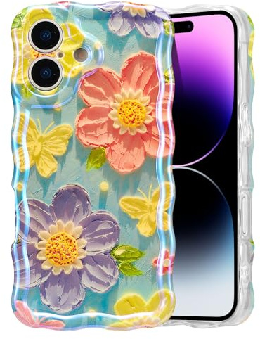 EYZUTAK Telefonskal för iPhone 17, färgglad vintage oljemålning blomma glänsande telefonfodral lockigt vågram TPU-fodral slitstarkt ränder skyddsfodral - fjäril blomma