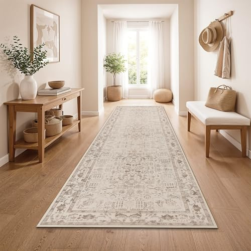 Paco Home Vintage Teppich Läufer Kurzflor Boho Stil Waschbar & rutschfest pflegeleicht modernes Retro Design, Farbe:Beige 4, Größe:80x300 cm