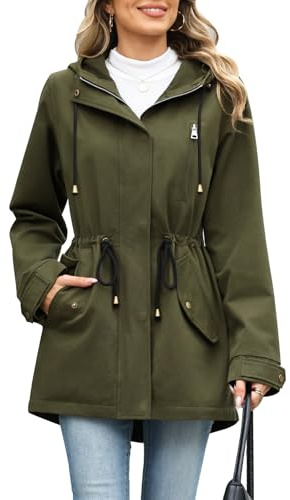 Vancavoo Veste Femme Mi-Saison en Coton Blouson Automne avec Capuche | Manteau Cordon de Serrage à la Taille, Fermeture Zippée, Poches, Legere et Décontractées pour et Automne
