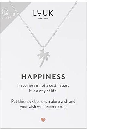LUUK LIFESTYLE Necklace in 925 sterling silver, palm tree pendant and HAPPINESS gift card, trendy jewellery for women and girls, fashion accessory for girlfriend, sister, mother, lucky charm, silver