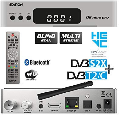 EDISION OS NINO PRO Full HD Linux E2 Combo-Receiver H.265/HEVC (1x DVB-S2X, 1x DVB-T2/DVB-C, Multistream, Blind Scan, WLAN onboard, Bluetooth onboard, 2X USB, HDMI, LAN, Linux, Kartenleser) (Silber)